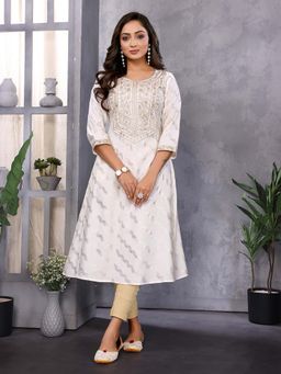 Rangita - Women Off White Embroidered A-Line Calf Length Kurta