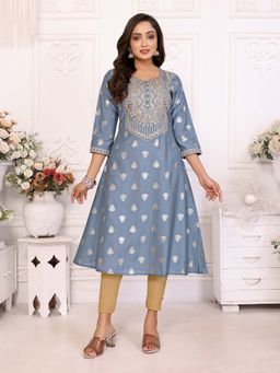 Rangita - Women Blue Embroidered A-Line Calf Length Kurta