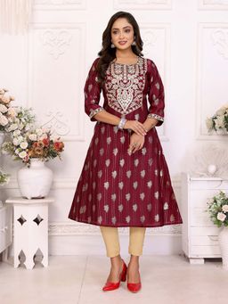 Rangita - Women Maroon Viscose Blend Embroidered A-Line Calf Length Kurta