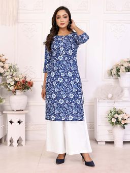 Rangita - Women Blue Cotton Printed Straight Knee Length Kurta