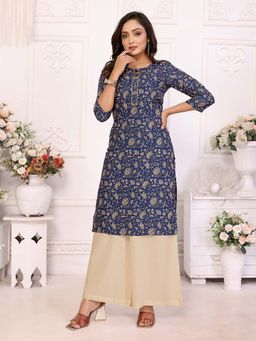 Rangita - Women Blue Rayon Printed Straight Knee Length Kurta