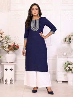 Rangita - Women Navy Blue Embroidered Straight Calf Length Kurta