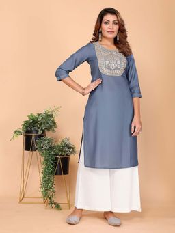 Rangita - Women Grey Viscose Poly Embroidered Straight Calf Length Kurta