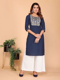 Rangita - Women Navy Blue Embroidered Straight Calf Length Kurta