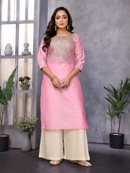 Rangita - Women Light Pink Viscose Blend Embroidered Straight Calf Length Kurta