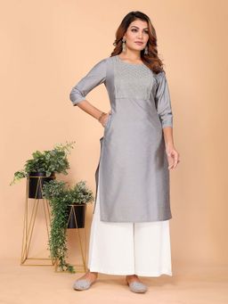 Rangita - Women Grey Viscose Poly Embroidered Straight Calf Length Kurta