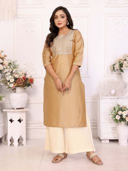 Rangita - Women Brown Embroidered Straight Calf Length Kurta