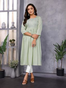 Rangita - Women Light Green Rayon Embroidered Flared Calf Length Kurta