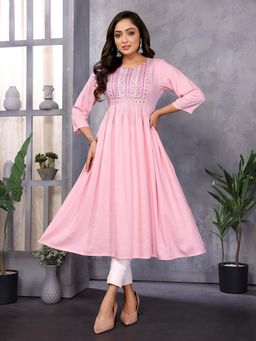 Rangita - Women Pink Rayon Embroidered Flared Calf Length Kurta