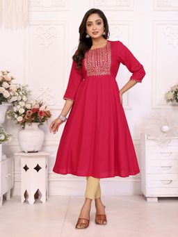Rangita - Women Red Rayon Embroidered Flared Calf Length Kurta