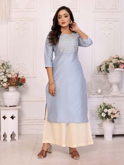 Rangita - Women Light Blue Embroidered Straight Calf Length Kurta
