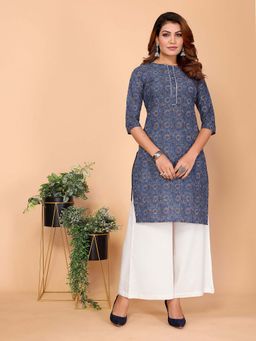Rangita - Women Navy Blue Cotton Printed Straight Knee Length Kurta