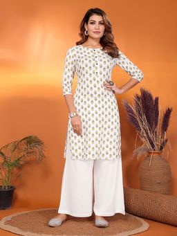 Rangita - Women Off White Rayon Printed Straight Knee Length Kurta