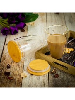 EZ Life - Borosilicate Double Glass Swag with Bamboo Lid - Transparent - 300 ml - Pack of 4