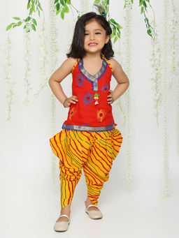 KID1 - Red Mor Pankh Halter Neck Kurta with Dhoti (Set of 2)