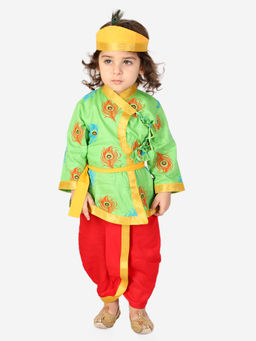 KID1 - Green Mor Pankh Print Kanha Angrakha Kurta with Dhoti (Set of 2)