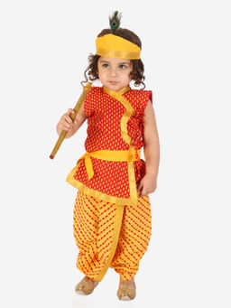 KID1 - Red Traditional Krishna Angrakha Kurta with Dhoti (Set of 2)