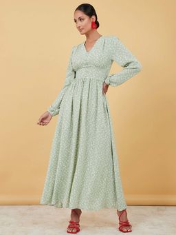 Styli - Green Cuffed Volume Sleeves Floral Print A-line Maxi Dress