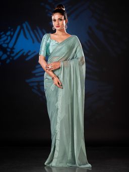 Tikhi Imli - Ready To Wear Green Striped Georgette Saree with Unstitched Blouse