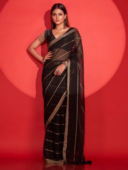 Tikhi Imli - Ready To Wear Black & Golden Striped Polyester Saree with Unstitched Blouse