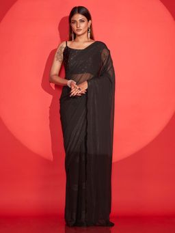 Tikhi Imli - Ready To Wear Black Striped Georgette Saree with Unstitched Blouse