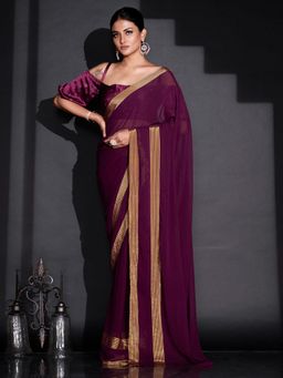 Tikhi Imli - Ready To Wear Wine Striped Polyester Saree with Unstitched Blouse