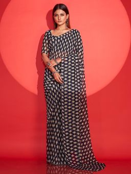 Tikhi Imli - Ready To Wear Navy Blue Geometric Printed Saree with Unstitched Blouse