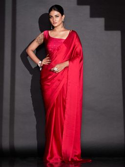 Tikhi Imli - Ready To Wear Red Solid Satin Saree with Unstitched Blouse