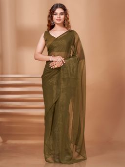 Tikhi Imli - Ready To Wear Olive Shimmer Fabric Saree with Unstitched Blouse