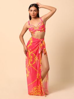 WomanLikeU - Pink Printed Swim Bra with Panty & Cover-Up (Set of 3)