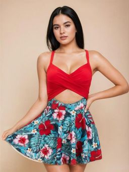 WomanLikeU - Red Cross-Strap Swim Dress with Bikini Bottoms (Set of 2)