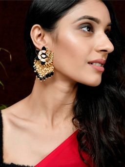 Silvermerc Designs - Gold Plated Black Toned Handcrafted Kundan Studded Floral Drop Earrings