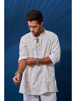 Tanoti - Men Cotton Fabric Stylish Neck Full Sleeves White Long Kurta
