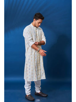Tanoti - Men Cotton Fabric Round Stylish Neck Full Sleeves White Long Kurta