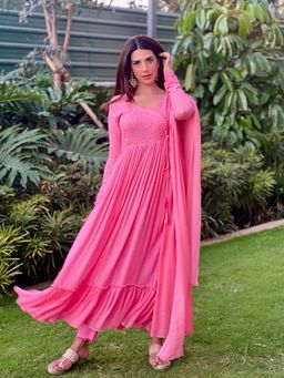 Label Aishwaryrika - Mahogany Pink Chikankari & Mukaish Angarkha Anarkali (Set of 3)