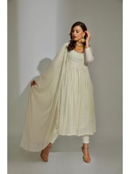 Label Aishwaryrika - Beige Gold Chikankari & Mukaish Anarkali Kurta