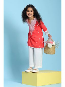 Biba - Girls Coral Cotton Printed Straight Kurta and Pyjama