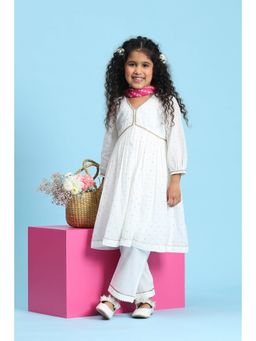 Biba - Girls White Cotton Anarkali Kurta and Pyjama with Dupatta