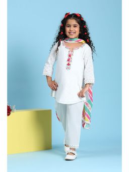 Biba - Girls White Cotton Straight Kurta and Pyjama with Dupatta