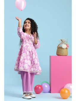Biba - Girls Lavender Cotton Printed Kalidar Kurta and Pyjama