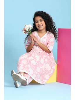 Biba - Girls Pink Cotton Printed Gathered Kurta and Pyjama