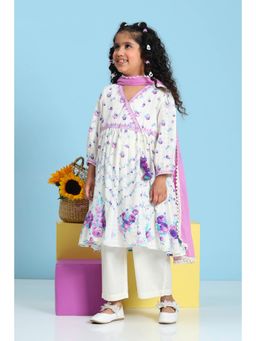 Biba - Girls White Cotton Anarkali Kurta and Pyjama with Dupatta