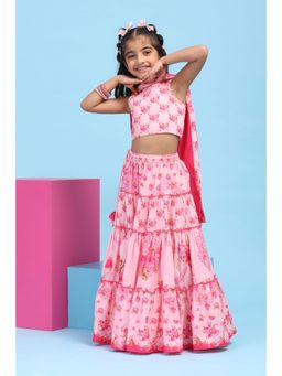 Biba - Girls Pink Cotton Printed Regular Lehenga and Choli with Dupatta