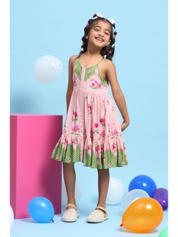 Biba - Girls Pink Viscose Rayon Tiered Dress