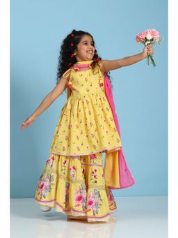Biba - Girls Yellow Cotton Printed Peplum Kurta and Gharara with Dupatta