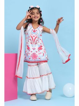 Biba - Girls White Cotton Printed Straight Kurta and Gharara with Dupatta