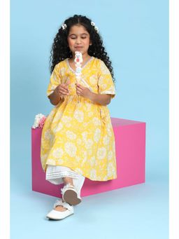 Biba - Girls Yellow Cotton Anarkali Kurta and Pyjama