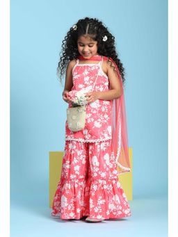 Biba - Girls Coral Cotton Floral Straight Kurta and Gharara with Dupatta