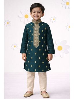 Vastramay - Boys Bottle Green Cotton Thread Embroidery Kurta and Pyjama