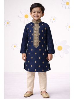 Vastramay - Boys Navy Blue Cotton Thread Embroidery Kurta and Pyjama